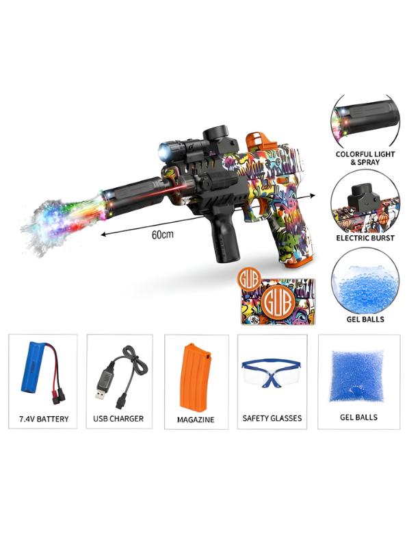 Electric Gel Ball Blaster with Lights, Mist Spray & Flashlight - Graffiti Design
