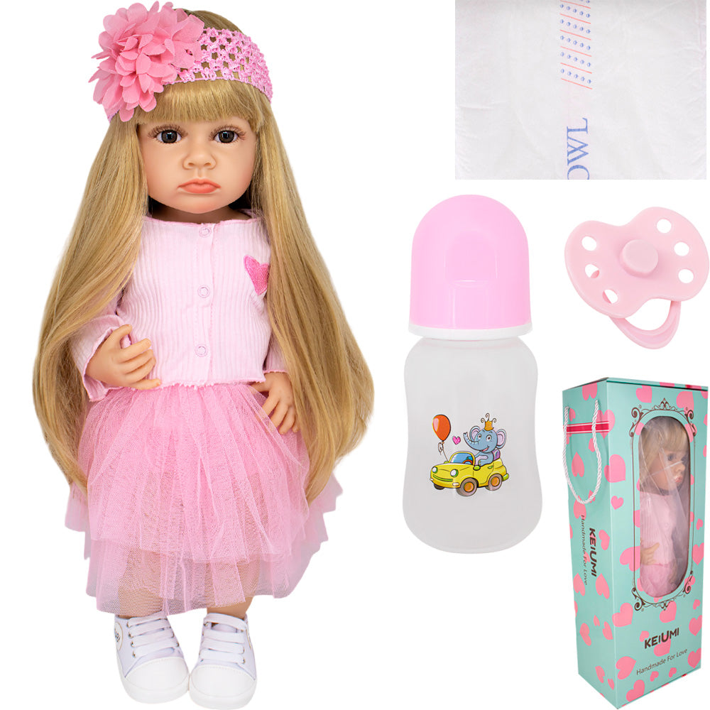 Realistic Baby Girl Doll with Long Hair, Bottle & Pacifier - Gift Box