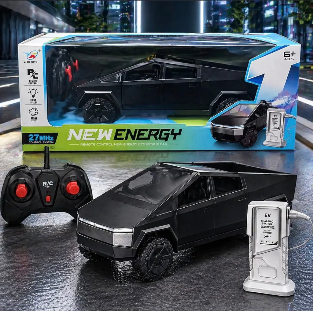 Remote Control Electric Pickup Truck with Lights, Mist Spray & Charging Station - Black