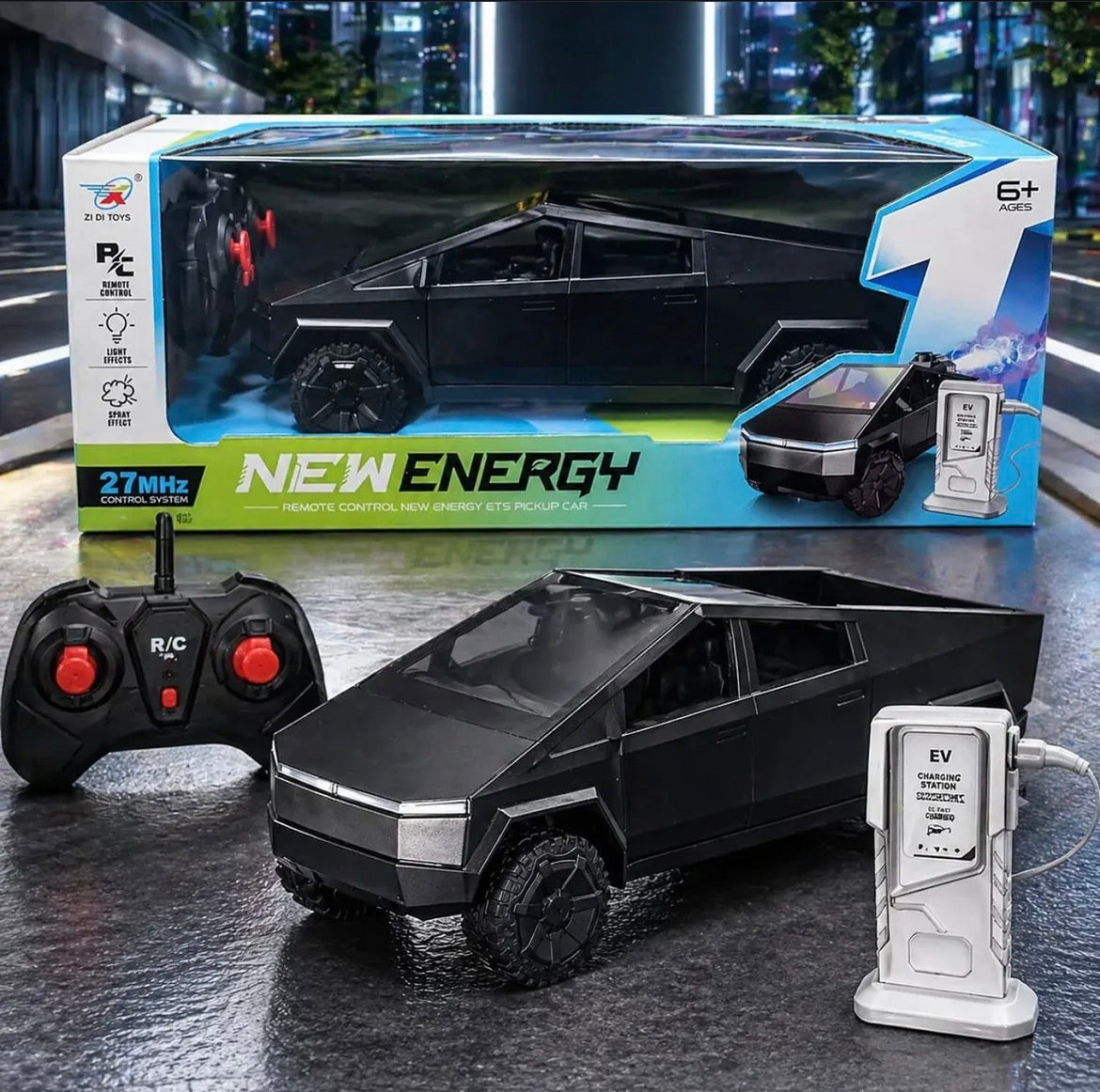 Remote Control Electric Pickup Truck with Lights, Mist Spray & Charging Station - Black