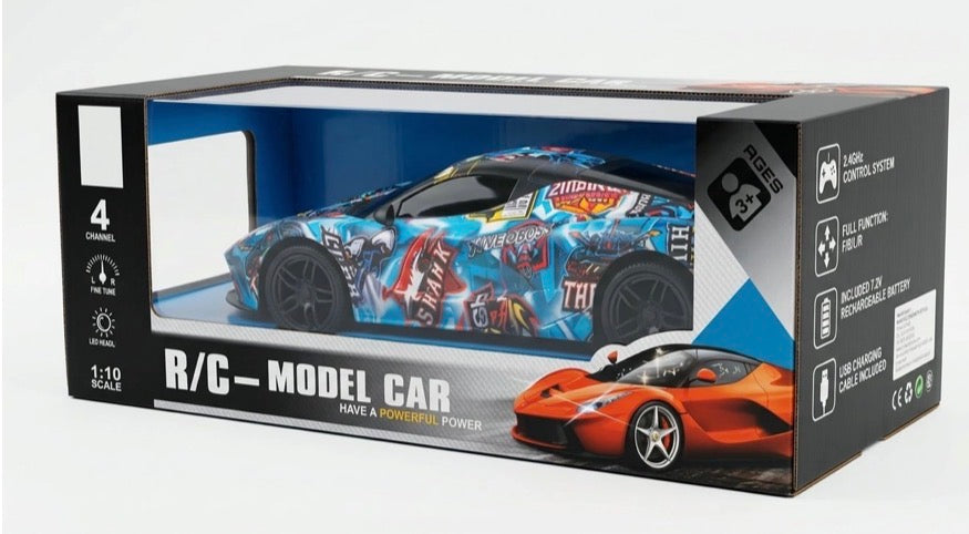 Graffiti Remote Control Super Car 1:10 - Large RC Car with LED Headlights, Rechargeable 7.2V