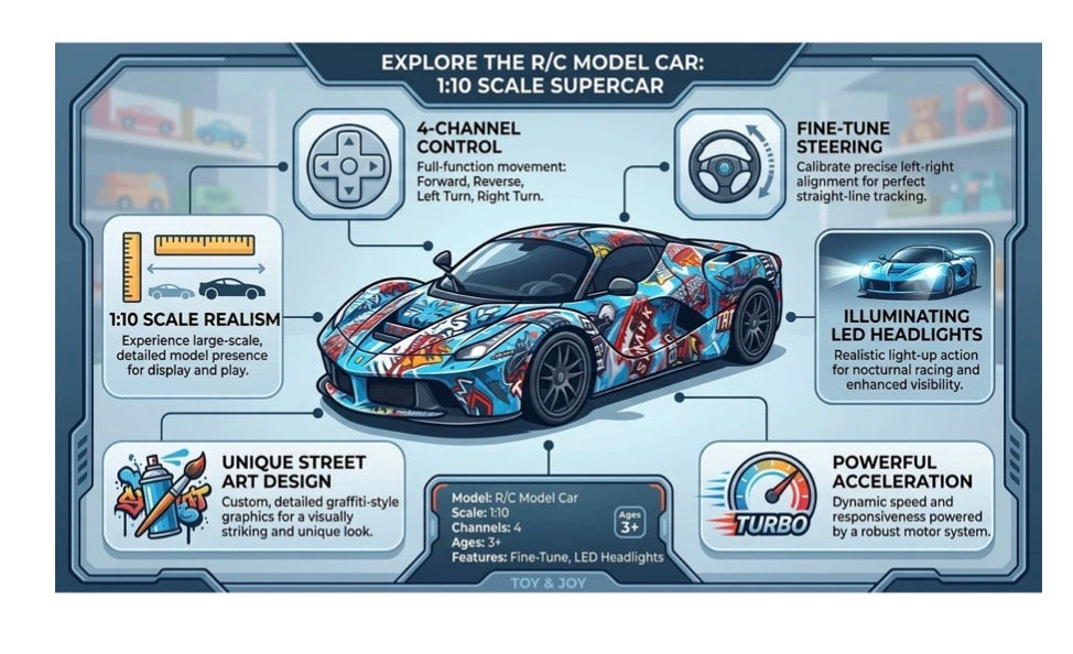 Graffiti Remote Control Super Car 1:10 - Large RC Car with LED Headlights, Rechargeable 7.2V