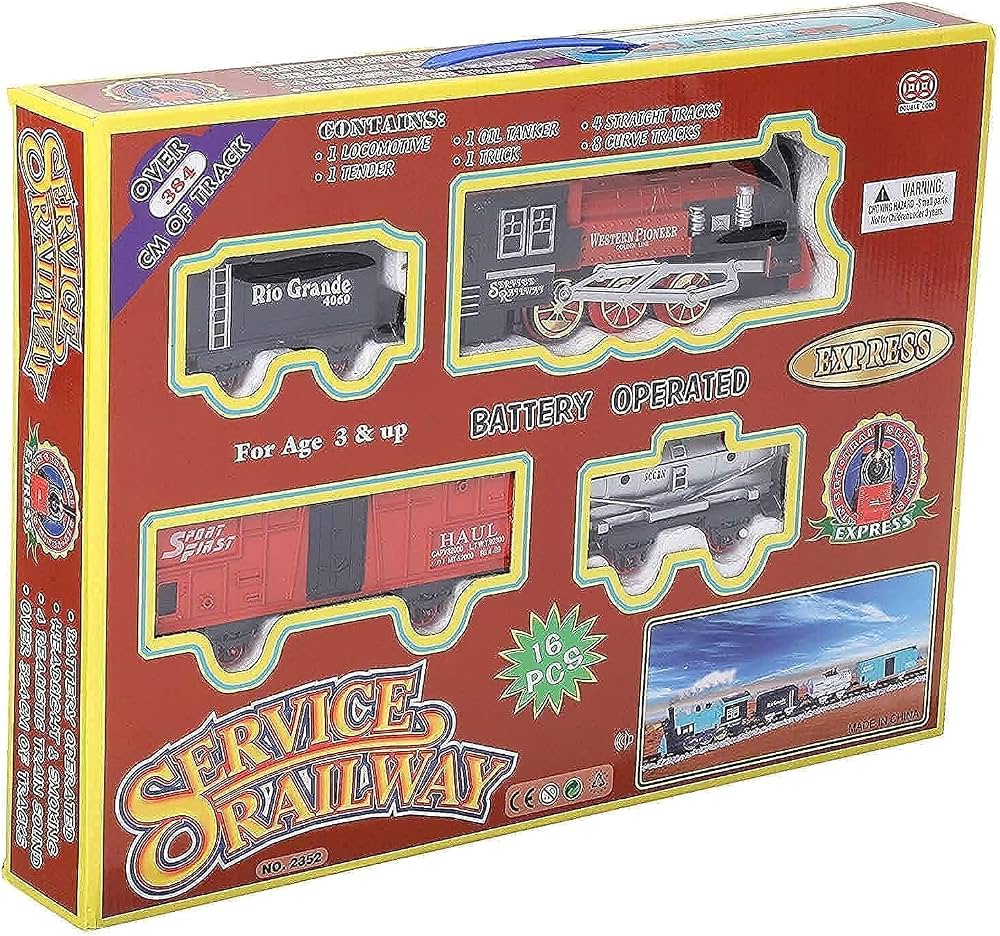 Railway Train Set with Freight Car – 16 Pieces (Red)