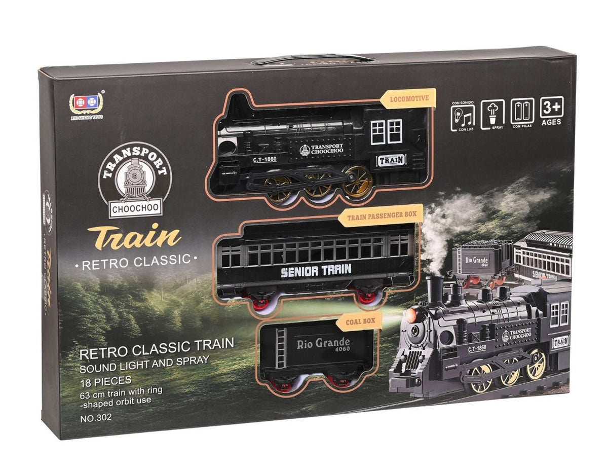 Retro Classic Steam Train Set with Smoke, Light & Sound – 18 Pieces