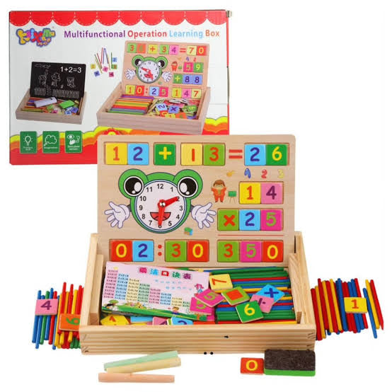 Wooden Math Learning Box with Clock & Chalkboard