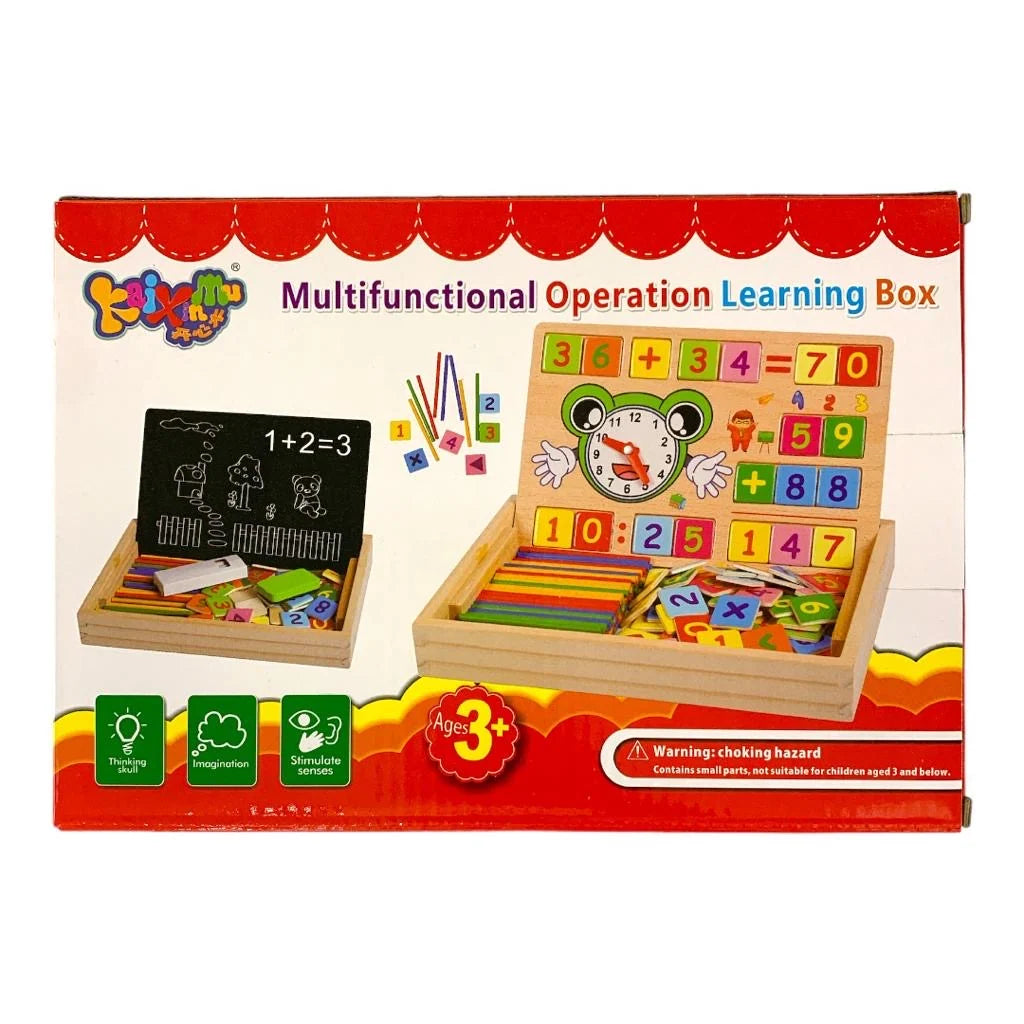 Wooden Math Learning Box with Clock & Chalkboard