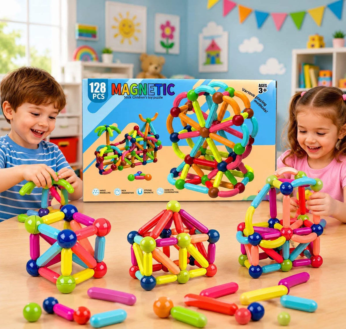 Magnetic Sticks & Balls Building Set – 128 Pieces