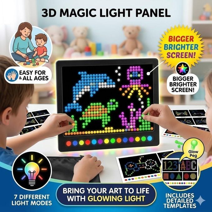 3D Magic Light Panel with Glowing Pegs & Pattern Cards