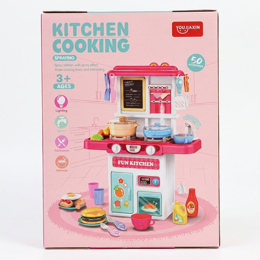 Kids Kitchen Cooking Playset with Spray, Lights & Water – 50 Accessories