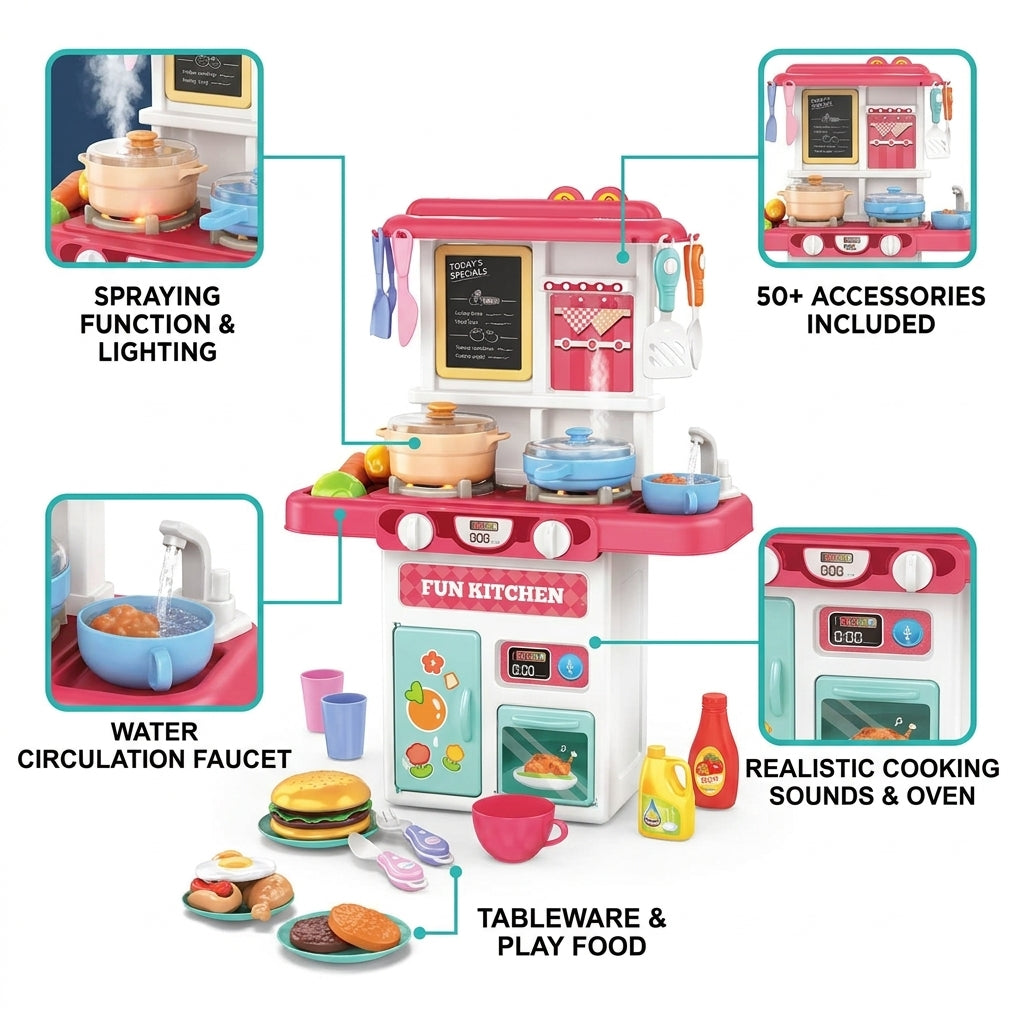Kids Kitchen Cooking Playset with Spray, Lights & Water – 50 Accessories