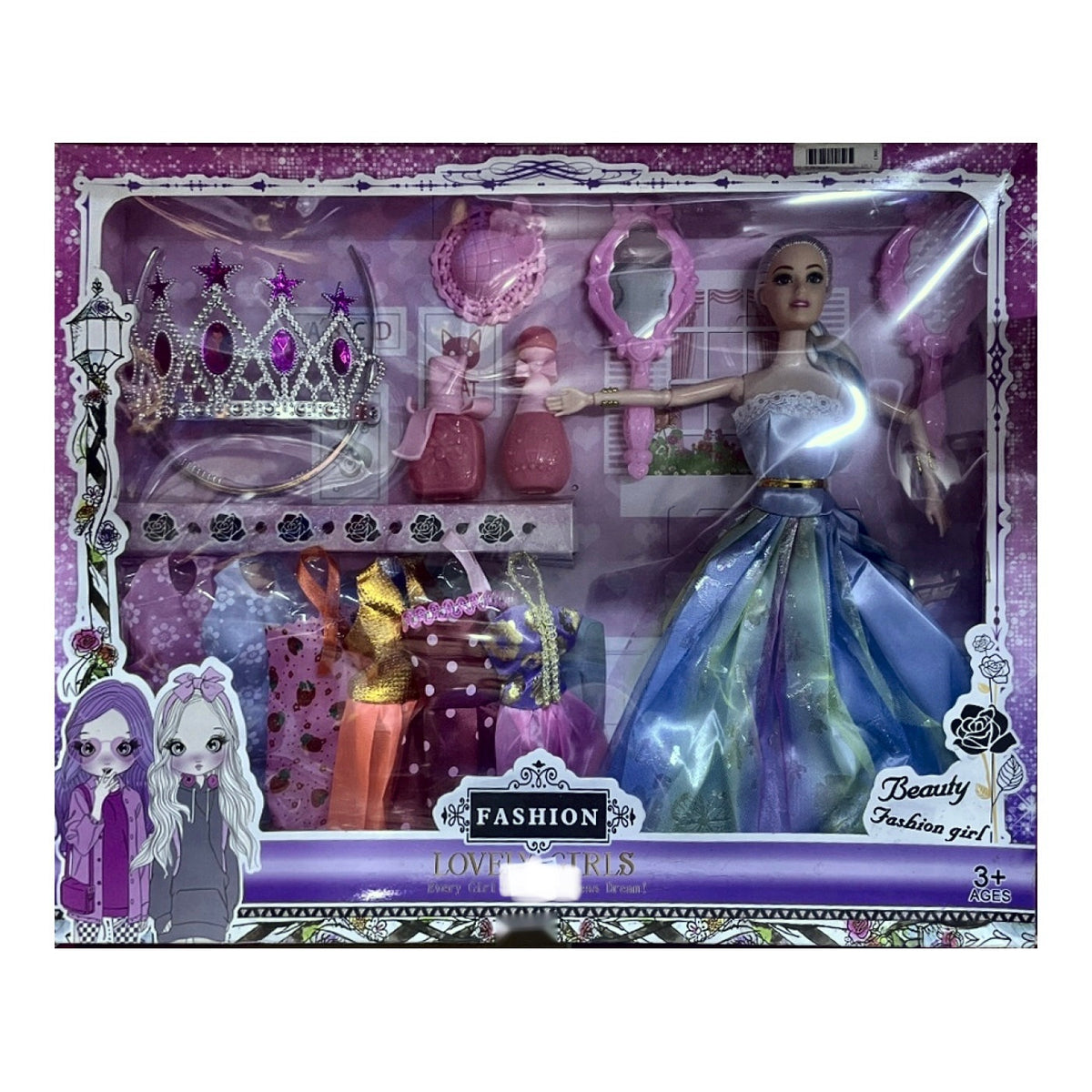 Princess Fashion Doll Set with Crown, Dresses & Accessories