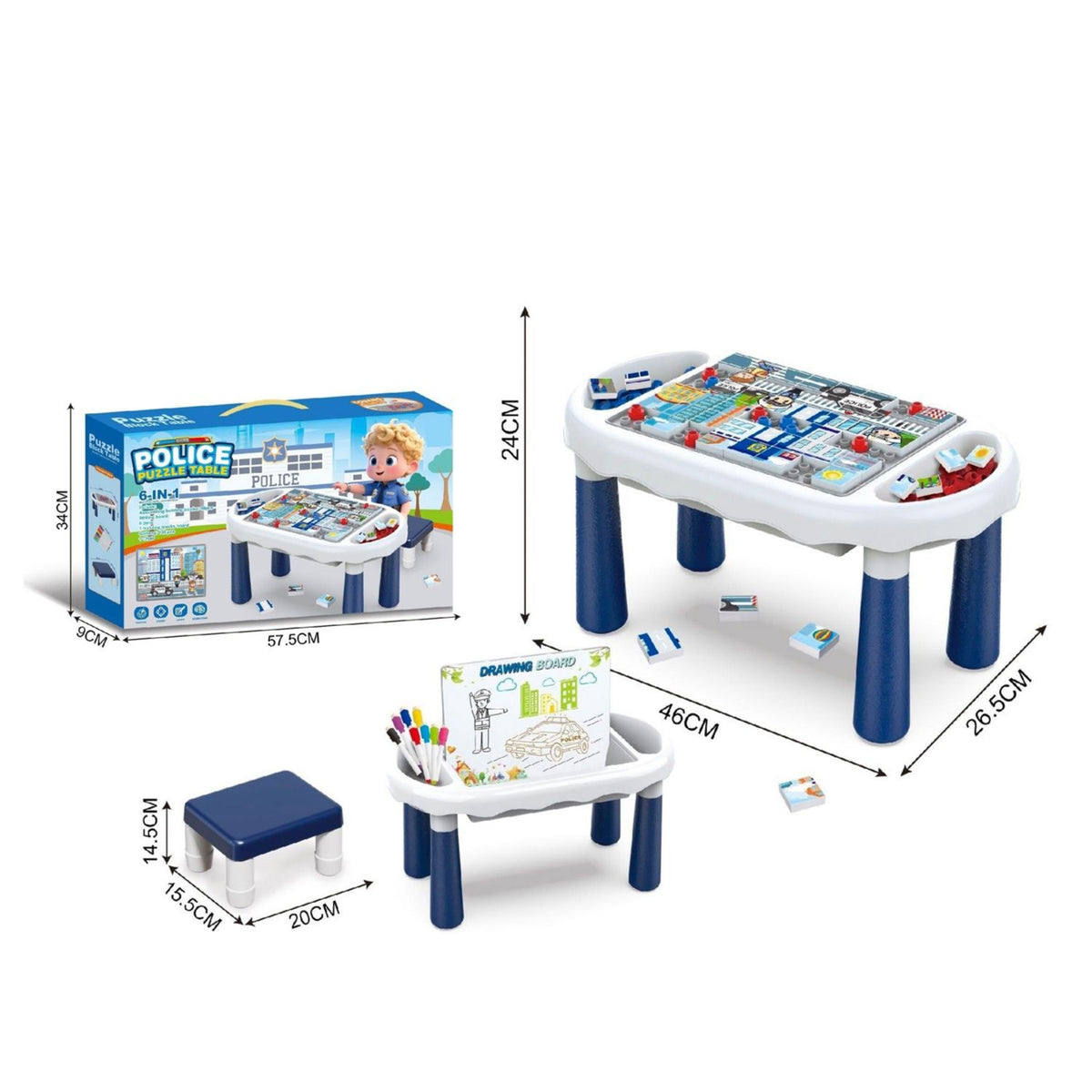 6-in-1 Police Puzzle Table with Stool & Drawing Board
