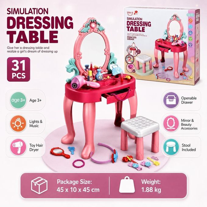 Princess Dressing Table Vanity with Stool & Accessories – 31 Pieces